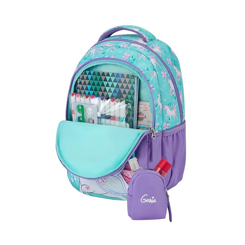 Genie Magic Unicorn Kids Backpacks, 15" Cute, Colourful Bags for Girls, Water Resistant and Lightweight, 3 Compartment with Happy Pouch, 20 Liters, Nylon Twill, Lavender