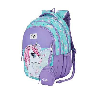 Genie Magic Unicorn Kids Backpacks, 15" Cute, Colourful Bags for Girls, Water Resistant and Lightweight, 3 Compartment with Happy Pouch, 20 Liters, Nylon Twill, Lavender
