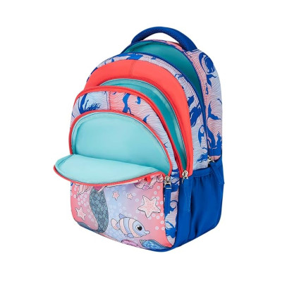 Genie Melody Kids Backpacks, 15" Cute, Colourful Bags for Girls, Water Resistant and Lightweight, 3 Compartment with Happy Pouch, 20 Liters, Nylon Twill, Blue
