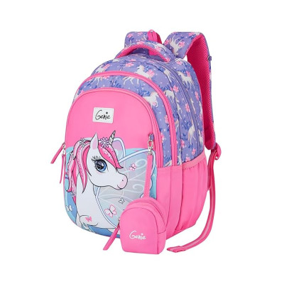 Genie Magic Unicorn Kids Backpacks, 15" Cute, Colourful Bags for Girls, Water Resistant and Lightweight, 3 Compartment with Happy Pouch, 20 Liters, Nylon Twill, Pink