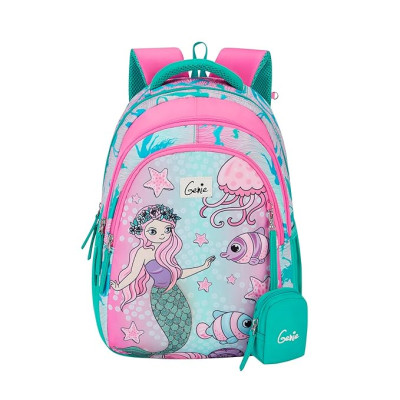Genie Melody Kids Backpacks, 15" Cute, Colourful Bags for Girls, Water Resistant and Lightweight, 3 Compartment with Happy Pouch, 20 Liters, Nylon Twill, Teal